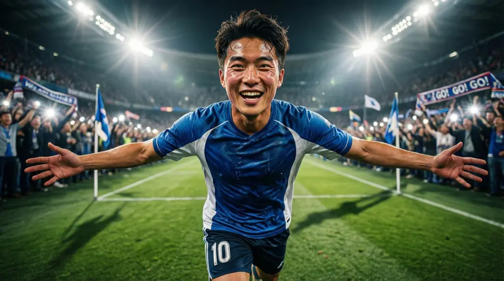 Delantero de fútbol celebrando un gol con los brazos abiertos en un estadio
