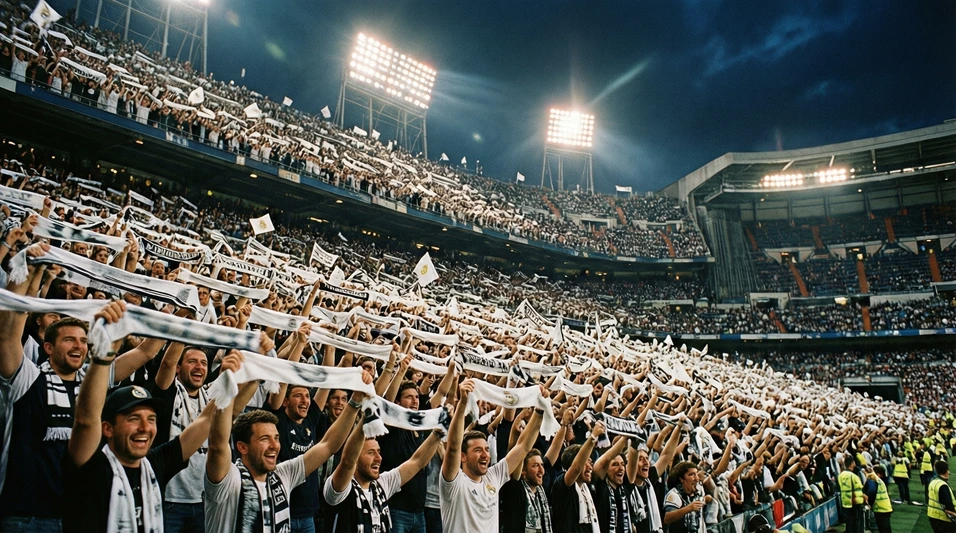 Aficionados del Real Madrid animando en las gradas del estadio con bufandas blancas