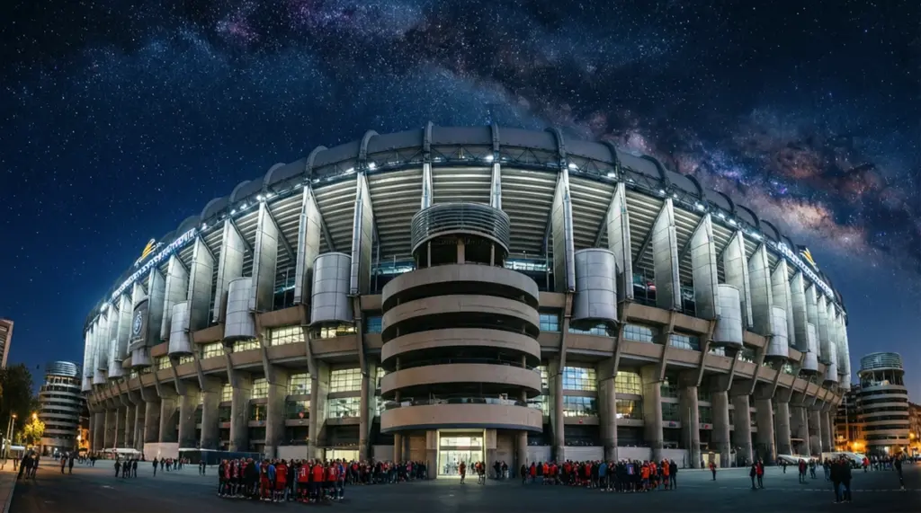Estadio Santiago Bernabéu iluminado durante un partido nocturno