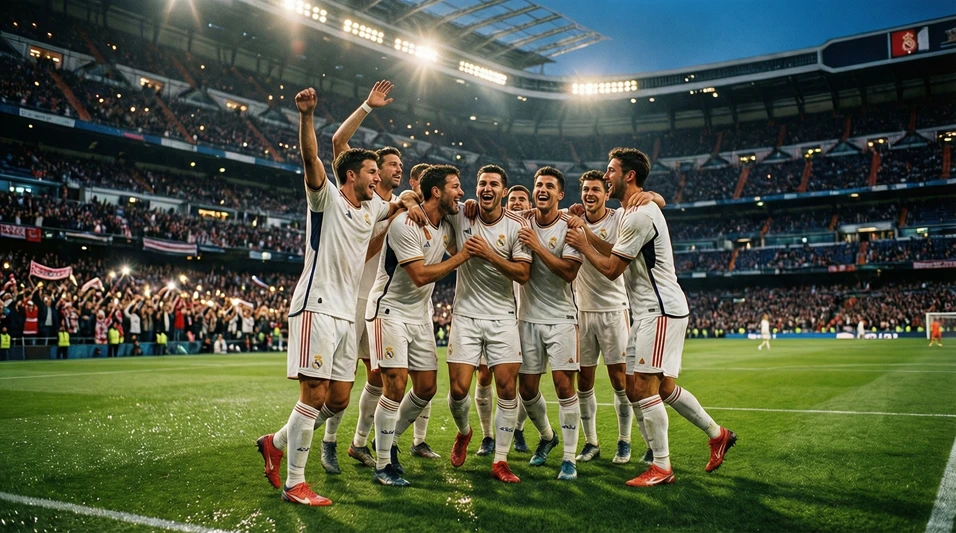 Jugadores del Real Madrid celebrando un gol en el césped del Bernabéu