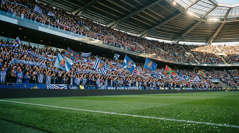 Vista panorámica del Reale Arena con aficionados de la Real Sociedad en las gradas