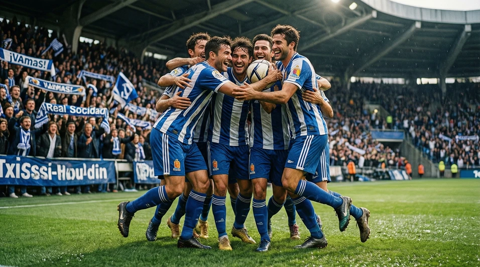 Jugadores de la Real Sociedad celebrando un gol en el campo