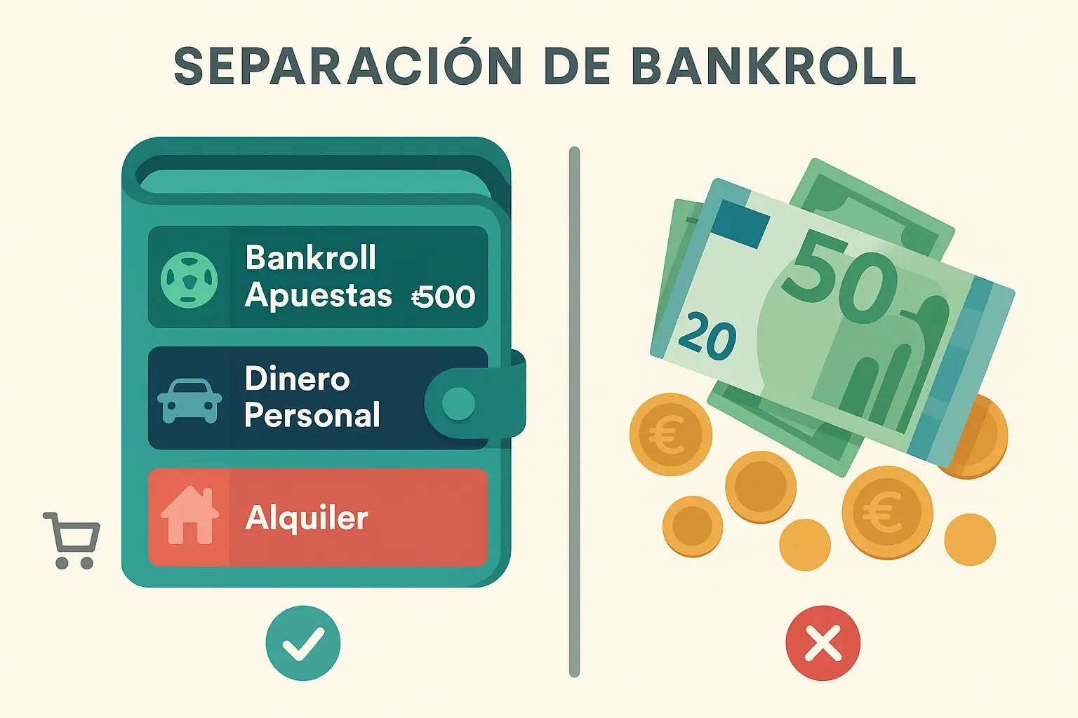 Infografía mostrando la separación correcta entre bankroll de apuestas y dinero personal para gastos