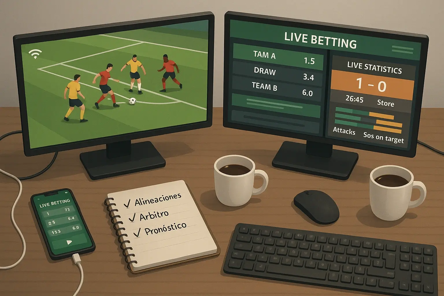 Setup técnico ideal para apuestas en vivo con dos pantallas, móvil y espacio de trabajo organizado