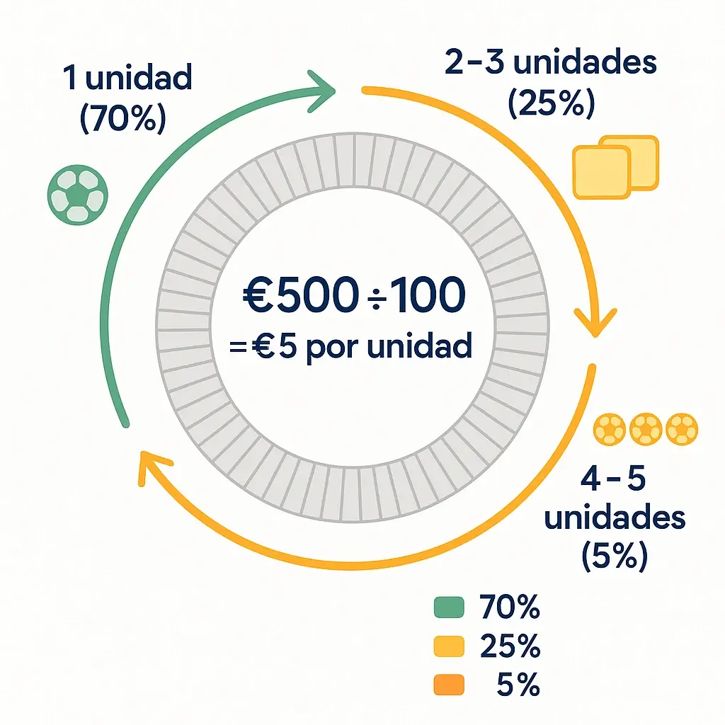 Diagrama del sistema de unidades dividiendo el bankroll en 100 partes iguales con distribución de apuestas