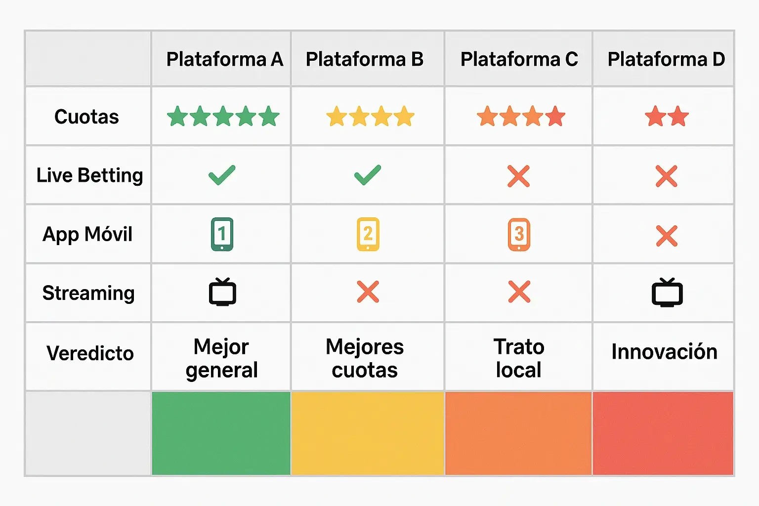 Tabla comparativa completa de casas de apuestas: Bet365, Betfair, Codere, Bwin y William Hill con ratings detallados