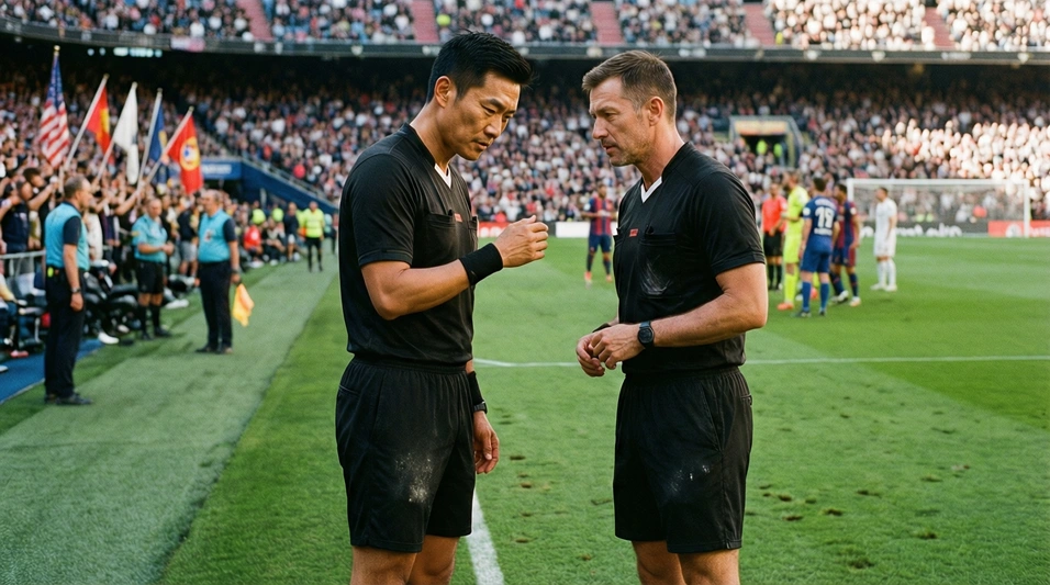 Árbitro de La Liga consultando con el asistente durante un partido de fútbol