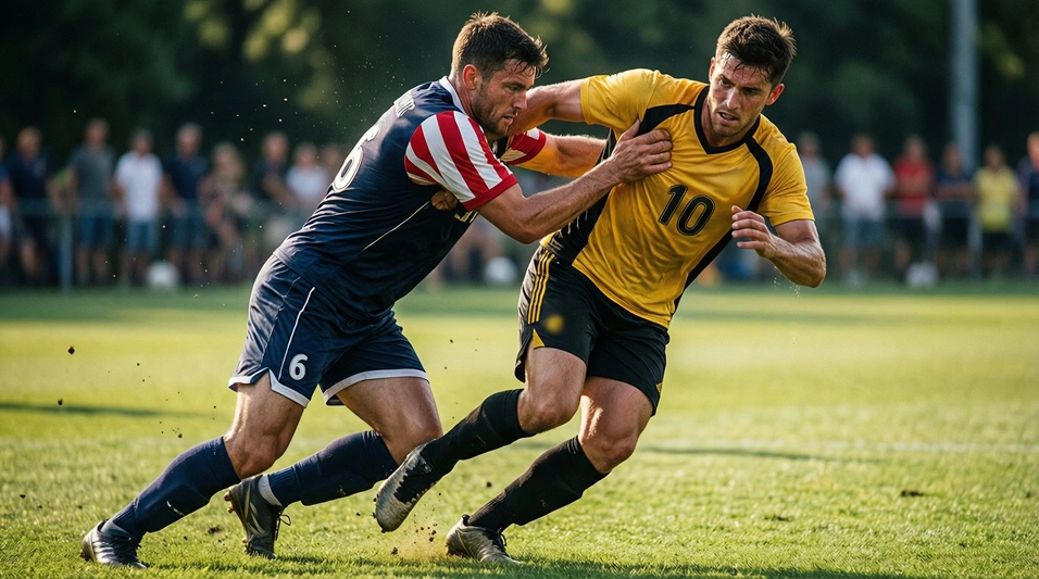 Jugador de fútbol cometiendo falta táctica sobre un rival durante un partido
