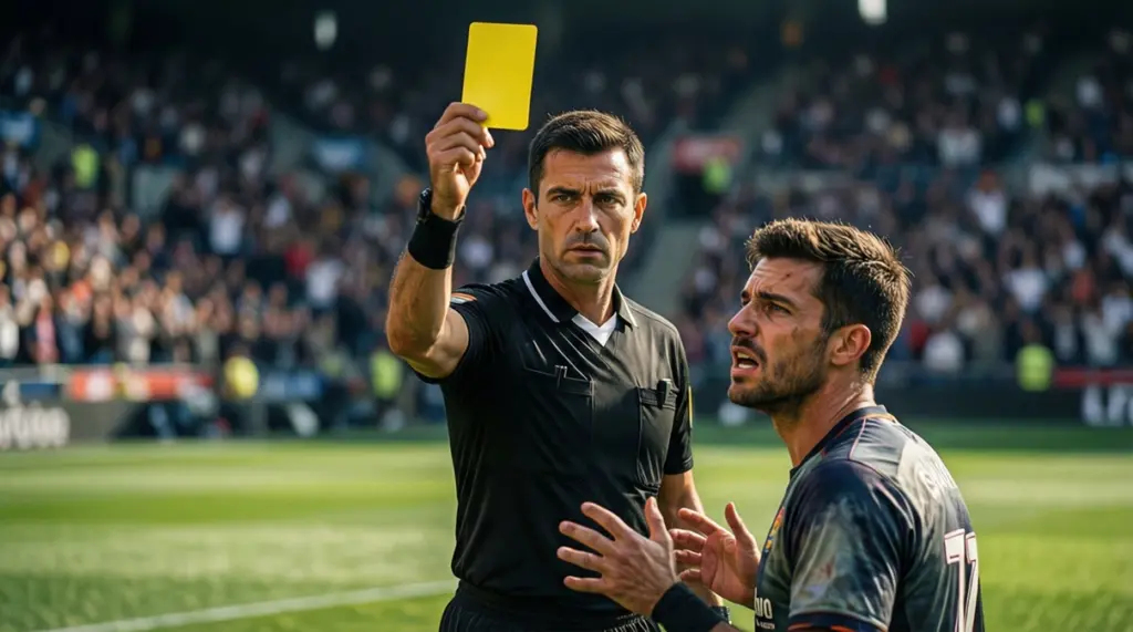Árbitro de fútbol mostrando tarjeta amarilla a un jugador durante un partido de La Liga
