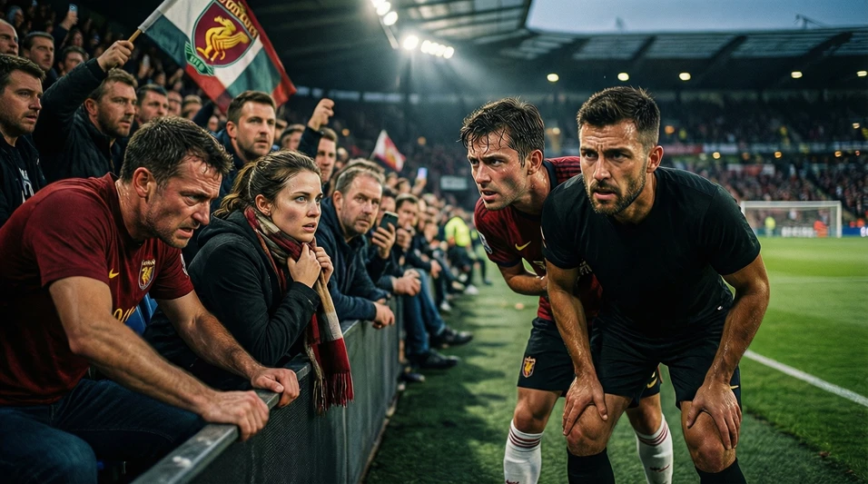 Jugadores y aficionados viviendo con tensión los últimos minutos de un partido decisivo