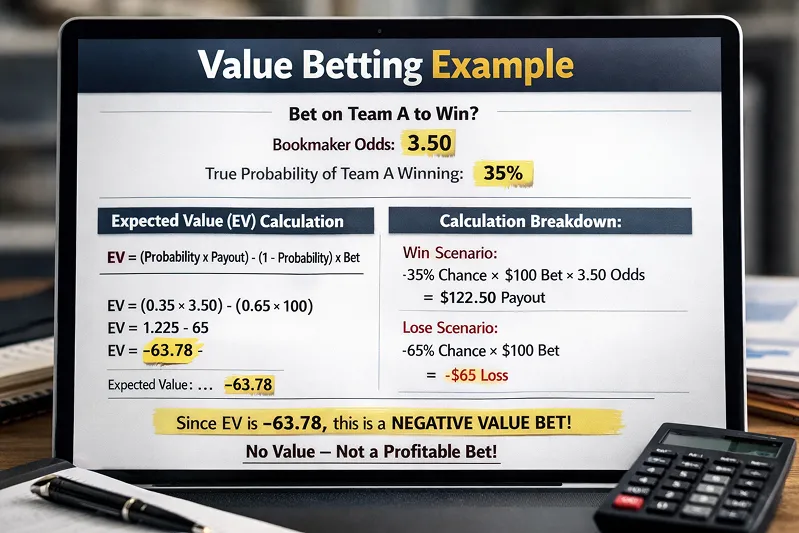 Ejemplo práctico de apuesta de valor mostrando cálculo de probabilidades y cuotas