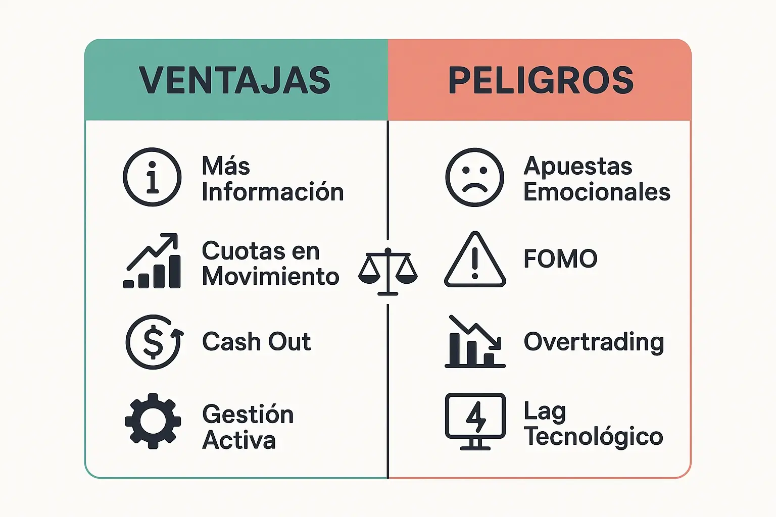Infografía comparativa de ventajas y peligros de las apuestas en vivo o live betting