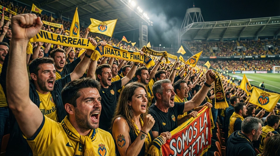 Aficionados del Villarreal animando en las gradas del Estadio de la Cerámica con banderas amarillas