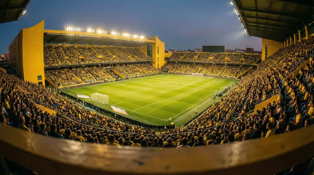 Estadio de la Cerámica del Villarreal CF iluminado durante un partido