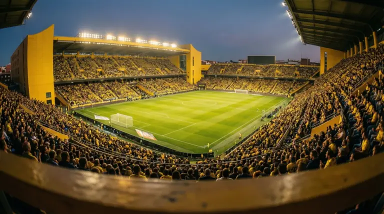 Estadio de la Cerámica del Villarreal CF iluminado durante un partido
