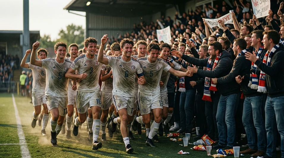 Jugadores de un equipo modesto celebrando una victoria importante con su afición en el estadio