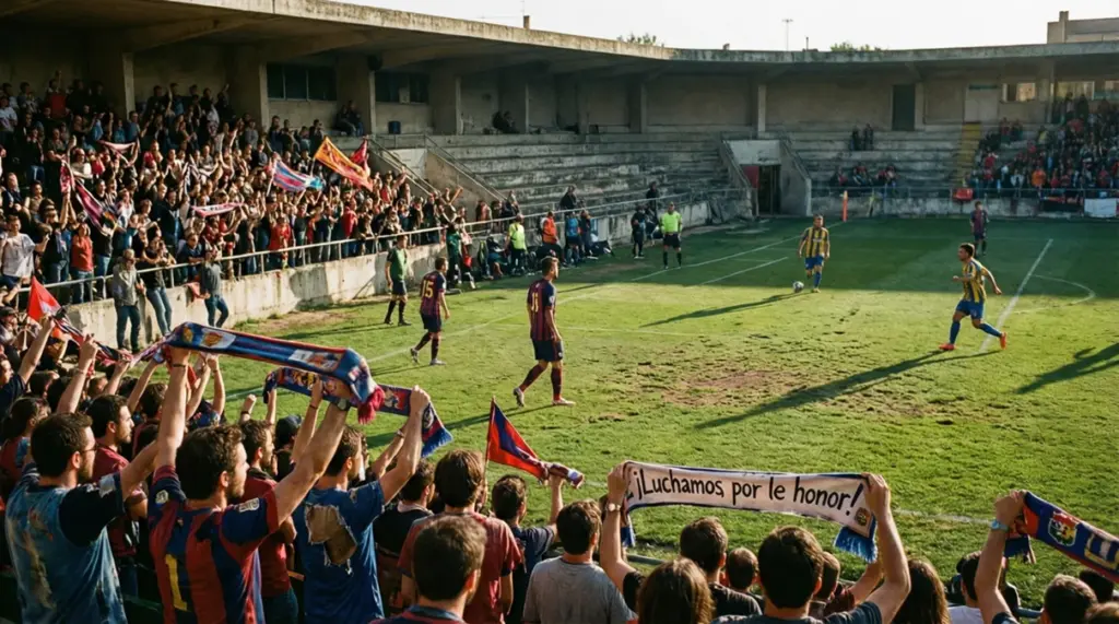 Estadio de fútbol modesto con aficionados animando a su equipo durante un partido de La Liga